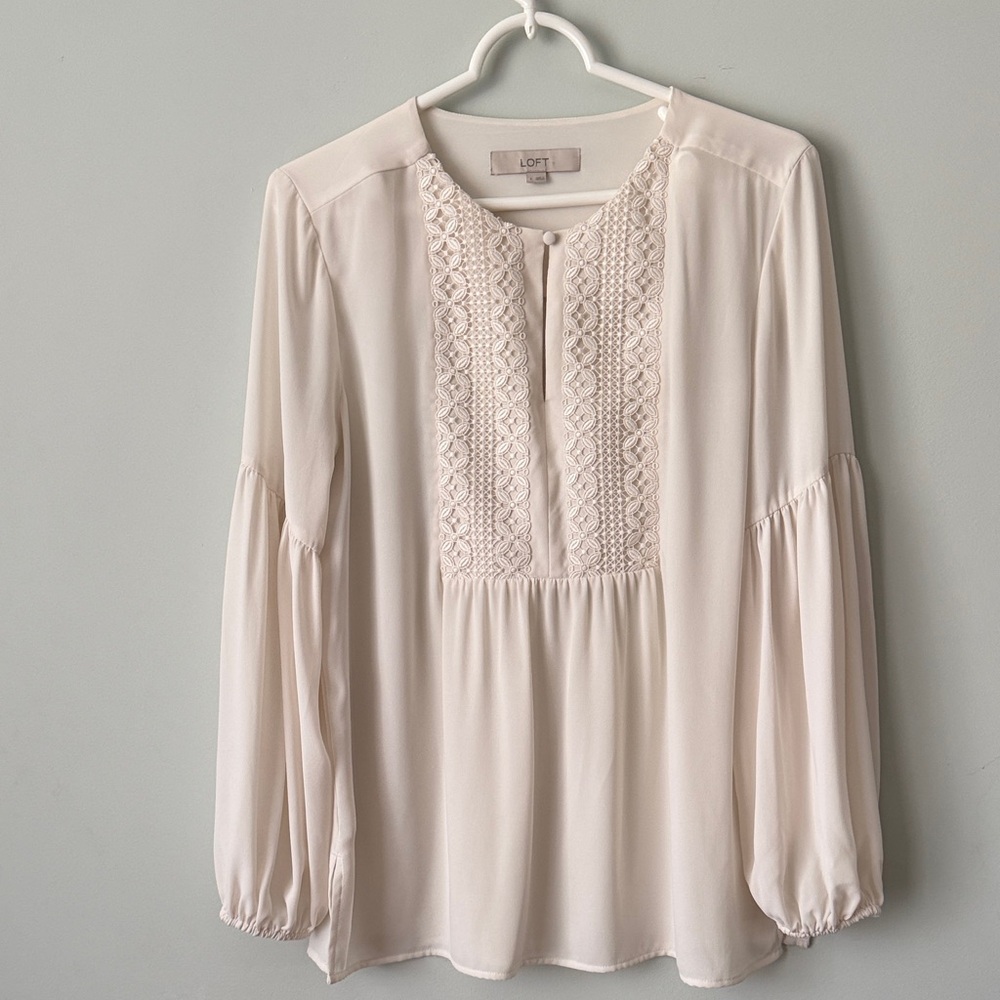 LOFT Cream Lace-Panel Peasant Blouse